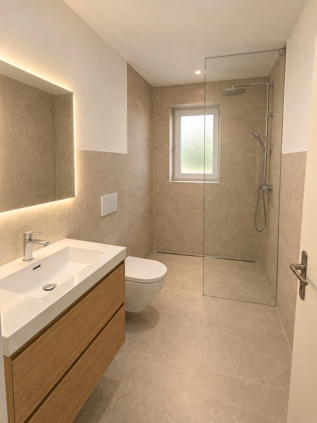 Saniertes Bad mit bodengleicher Dusche, Wand-WC und Holzwaschtisch